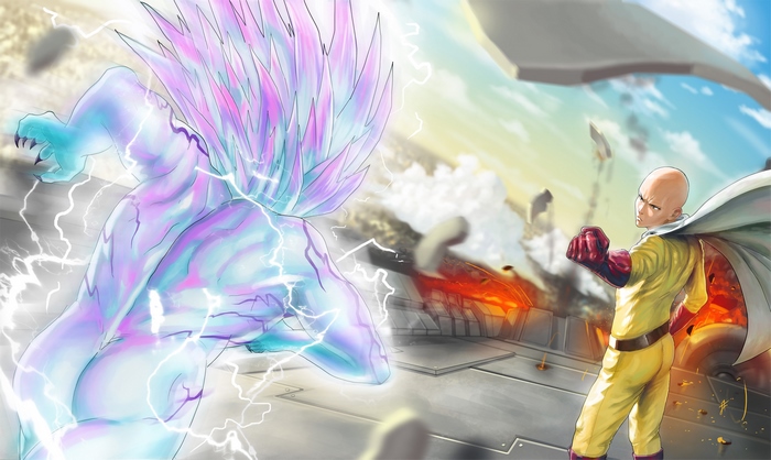 Saitama from One-Punch Man fighting a monster
