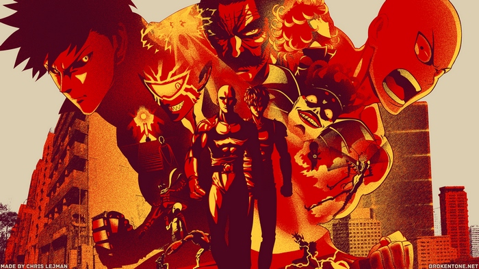 Saitama and Genos from One-Punch Man with monsters