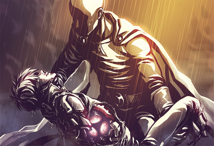 Saitama Holding Injured Hero in Rain