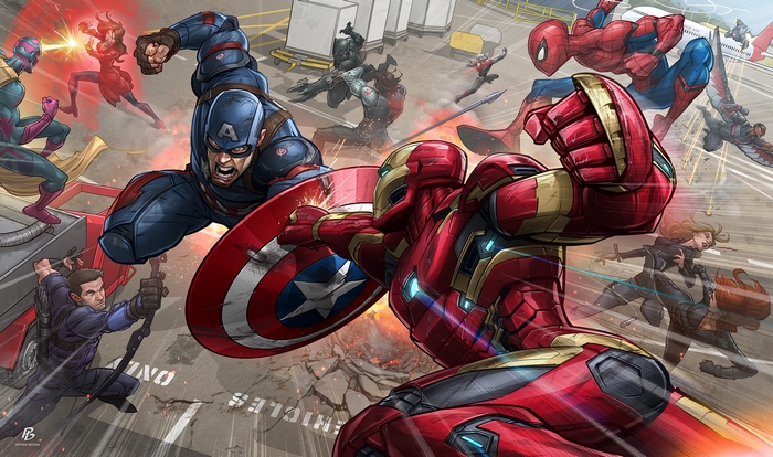Avengers: Civil War characters fighting on an airport tarmac