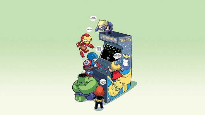 Marvel characters playing Thanos arcade game