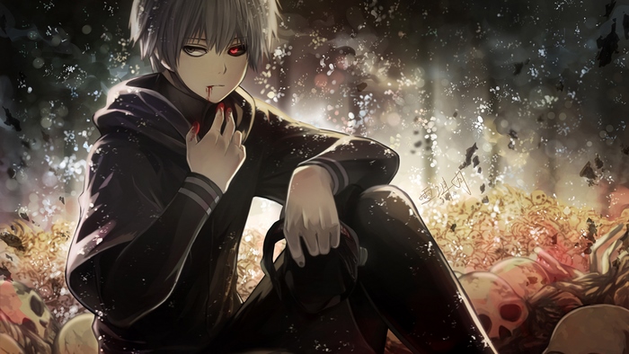 Ken Kaneki from Tokyo Ghoul sitting on skulls