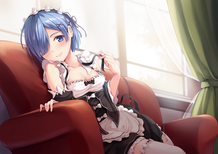 Rem from Re:Zero sitting on a chair
