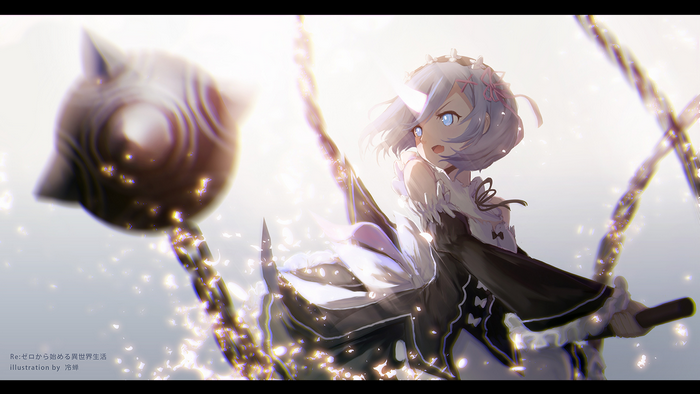 Rem from Re:Zero holding a flail