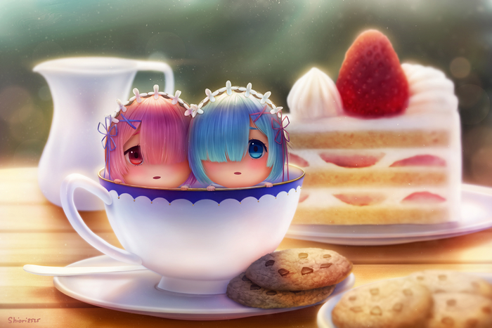 Rem and Ram from Re:Zero in a teacup with cake and cookies