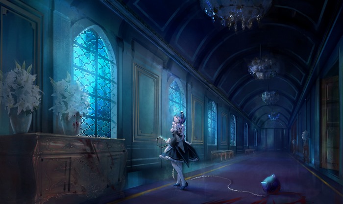 Rem in Dimly Lit Elegant Corridor from Re:Zero