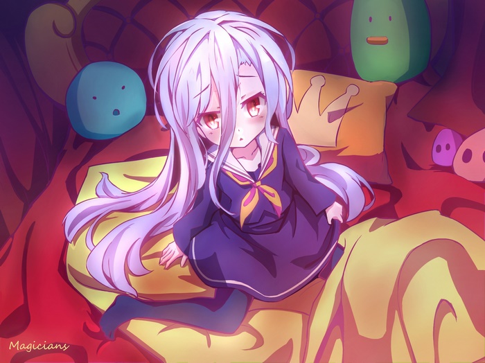 Shiro from No Game No Life sitting on a bed