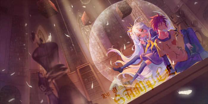 Shiro and Sora from No Game No Life in a library