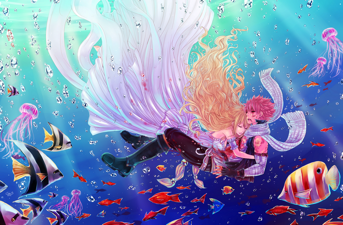 Lucy Heartfilia and Natsu Dragneel underwater