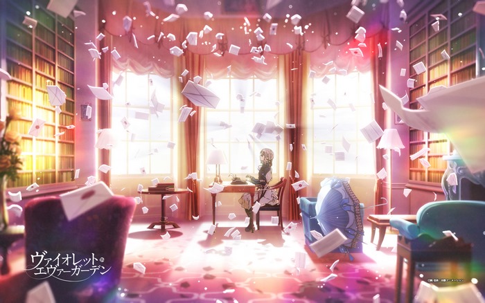 Violet Evergarden in a room with flying letters