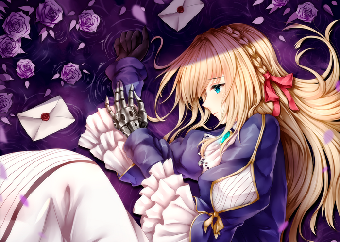 Violet Evergarden with mechanical arm and roses
