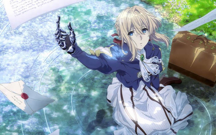 Violet Evergarden with letters and suitcase