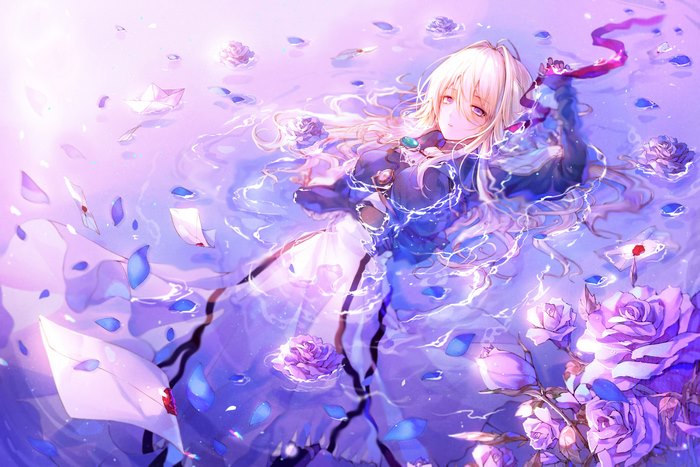 Violet Evergarden floating in water with roses and letters