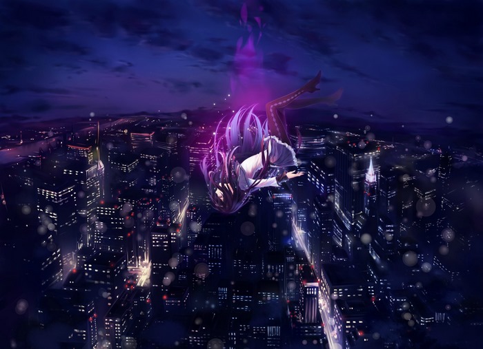 Homura Akemi falling over a city at night