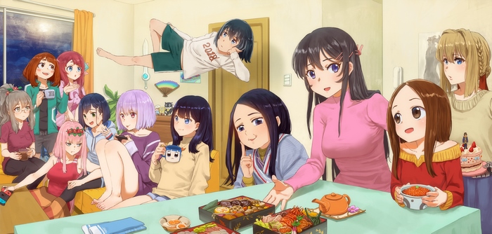Group of anime girls having a party