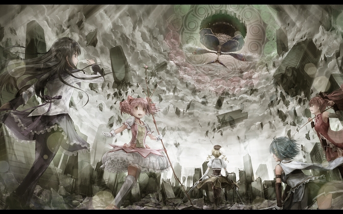 Puella Magi Madoka Magica characters in a ruined city