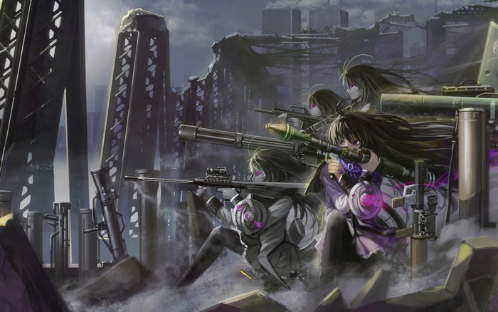 Homura Akemi with weapons in a ruined city