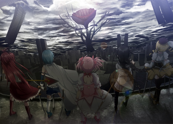 Madoka Magica: Homura Akemi and friends in a ruined city