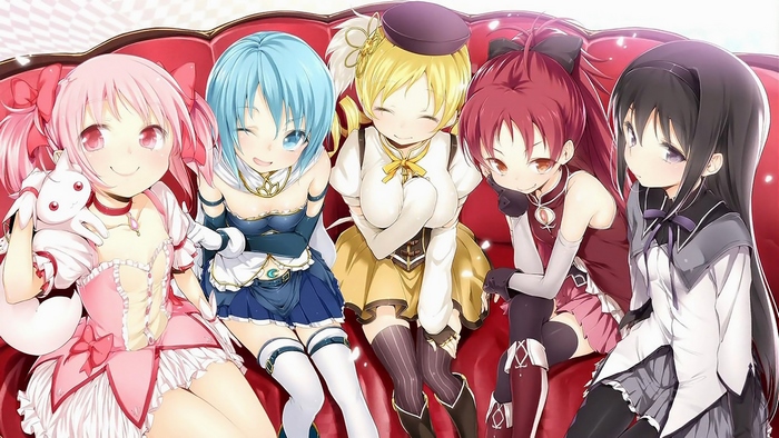 Madoka Magica characters on a couch