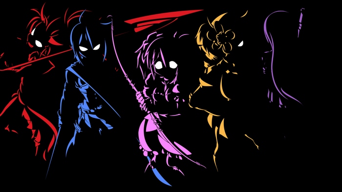 Five anime girls with glowing eyes on black background