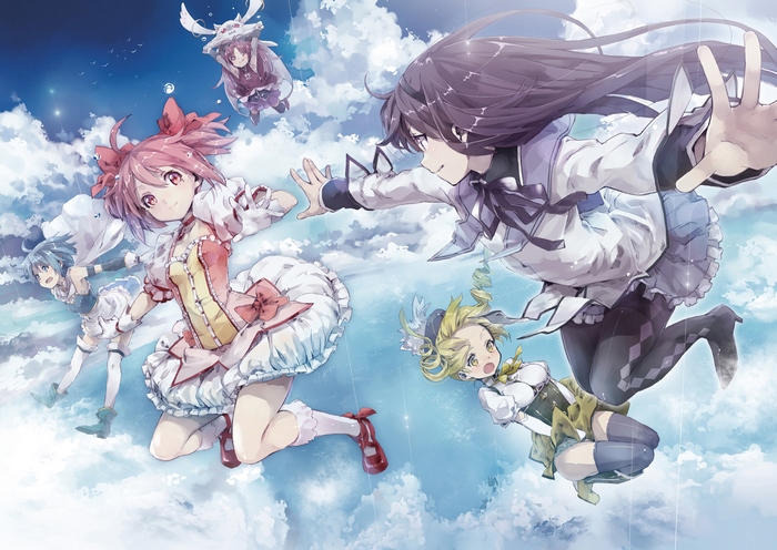 Puella Magi Madoka Magica characters flying in the sky