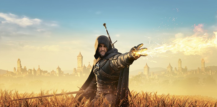 Geralt of Rivia casting a spell in a field