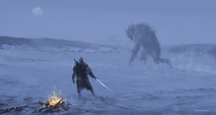 Geralt of Rivia fighting a monster in the snow