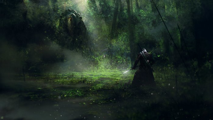 Geralt of Rivia in a dark forest