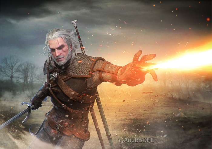 Geralt of Rivia casting a fire spell