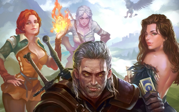 Geralt of Rivia with Yennefer, Triss, and Ciri