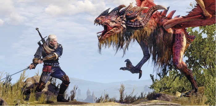 Geralt of Rivia fighting a dragon