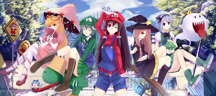 Anime girls dressed as Mario characters and Touhou characters