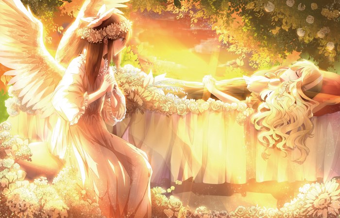 Reimu Hakurei and a sleeping girl in a garden