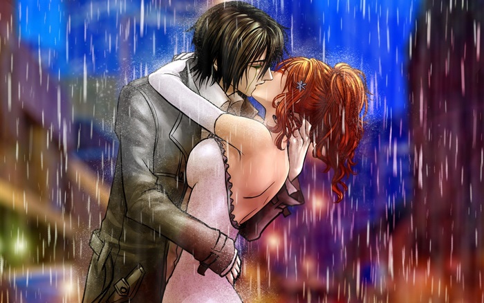 Orihime Inoue kissing a man in the rain