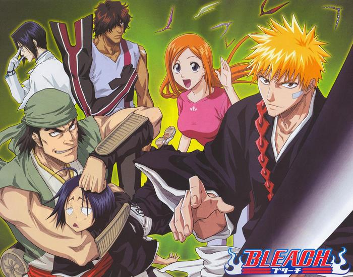 Bleach characters Ichigo, Orihime, Yasutora, Uryu, Renji, and Rukia
