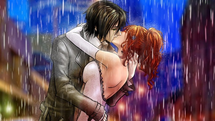 Orihime Inoue kissing a man in the rain