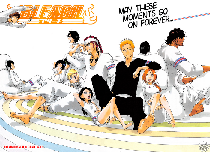Bleach characters sitting on a colorful striped surface