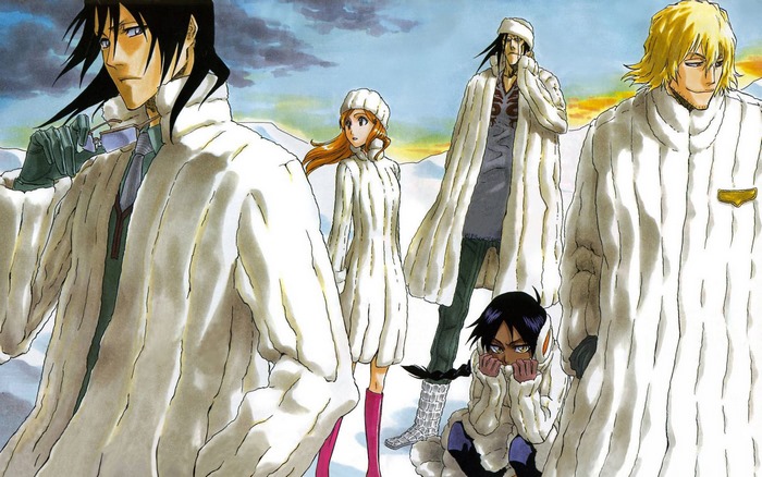 Group of characters in white fur coats in snow