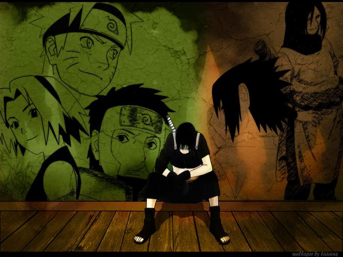 Sai from Naruto with Naruto, Sakura, and Sasuke murals