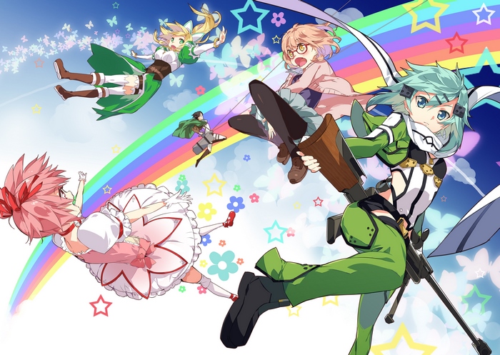Madoka Kaname, Sinon, Yoko Littner, Mikasa Ackerman, and Kyoko Sakura flying