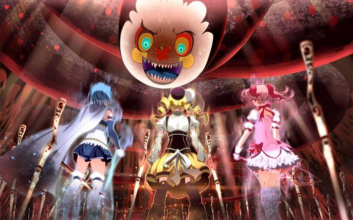 Madoka Magica characters fighting a witch