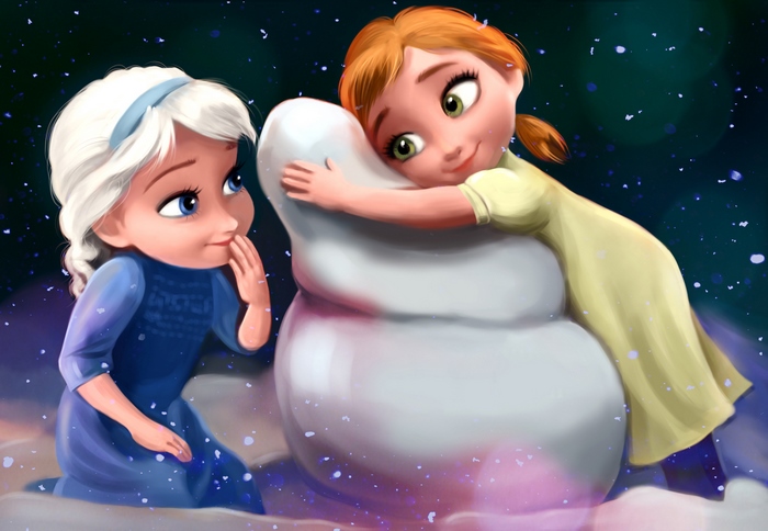 Elsa and Anna from Frozen building a snowman