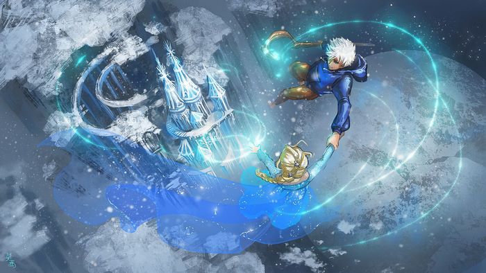 Elsa and Jack Frost with an ice castle