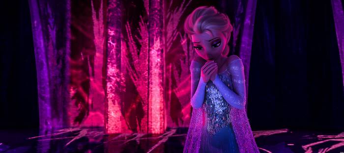Elsa from Frozen in a purple and pink crystalline environment