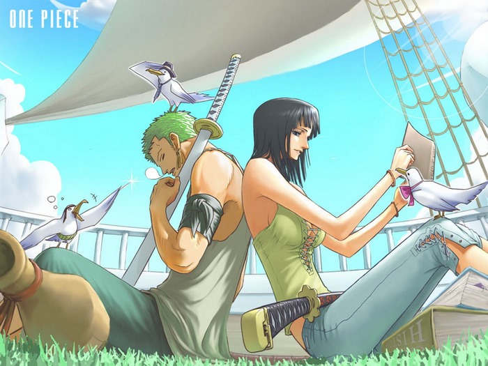 Roronoa Zoro and Woman Relaxing on Ship Deck