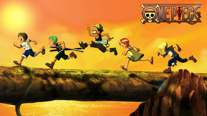 One Piece characters running across a log bridge