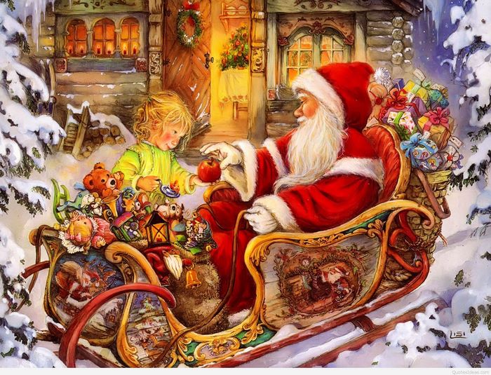 Santa Claus giving an apple to a girl in a sleigh