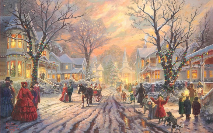 Christmas Village Scene with Horse-Drawn Sleigh