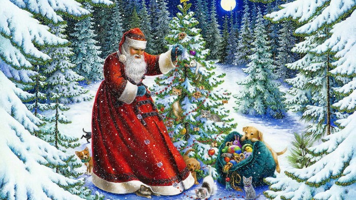 Santa decorating a Christmas tree with animals in a snowy forest