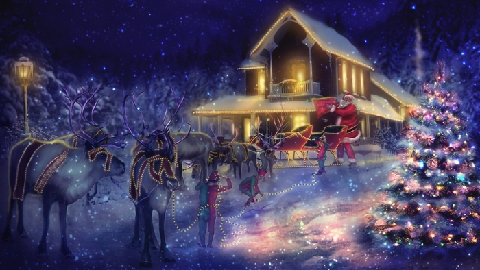 Santa and reindeer at a house